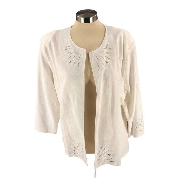 EY Boutique Womens Cardigan 2X XX Ivory Tunic Open Shoulder Pads Linen Long Slv - Picture 1 of 12